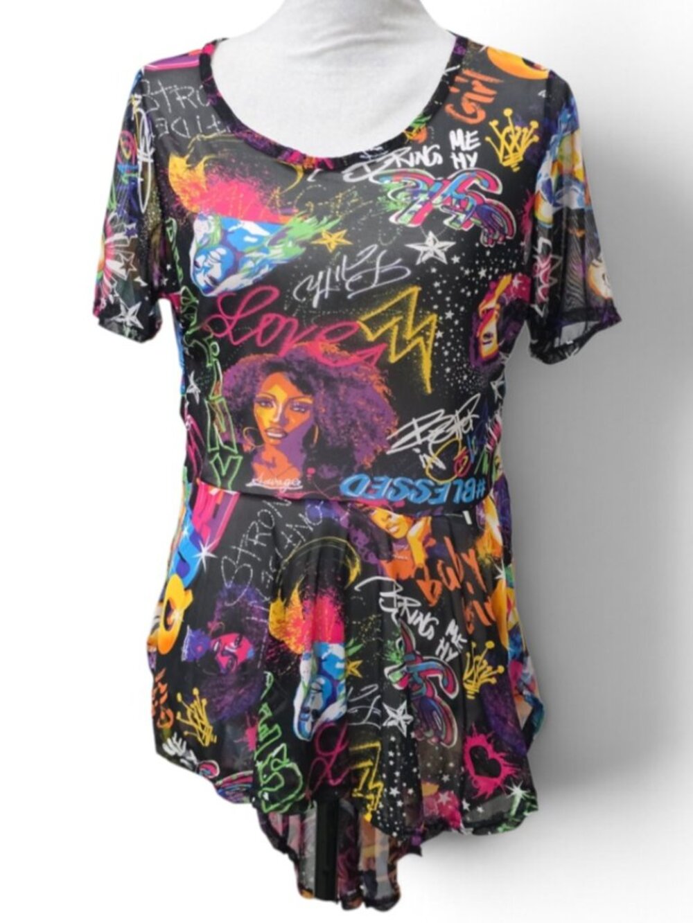 Rouge Women Black Semi-Sheer Mesh Peplum Top w. Colorful Graffiti Style Size 1X